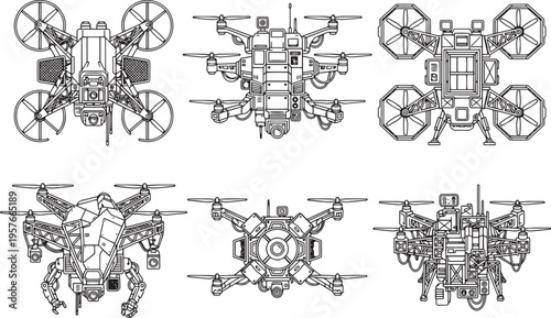 Set FPV Drone. Hand drawn vector illustration	