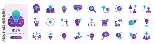 Idea innovation gradient color web and app icon set with lightbulb, creativity, brainstorming, thinking, solution, strategy, startup, inspiration and modern UI UX vector symbols or icons