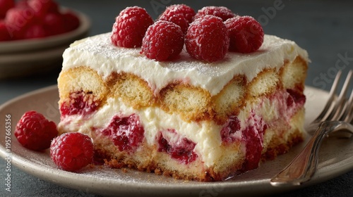 Raspberry tiramisu piece with cream layers on ceramic plate