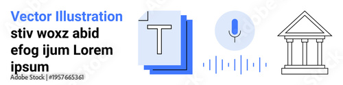 Law, digital processes, voice recognition, document editing, audio transcription, legal research. Microphone, document courthouse icons. Law and digital processes concept