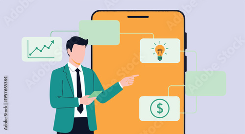 Businessman presenting business strategy, growth, and financial ideas on smartphone.