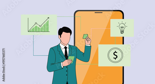 Businessman using mobile app for financial management and business growth analysis