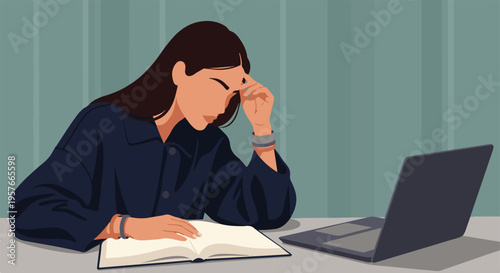 Young woman at desk, stressed while studying with book and laptop