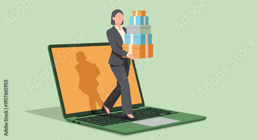 Businesswoman emerging from laptop screen carrying stack of gift boxes