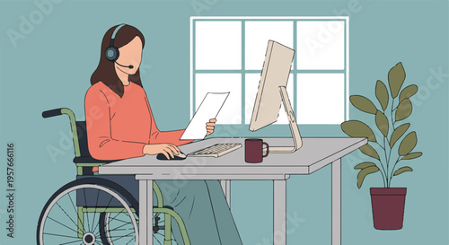 Woman in wheelchair working remotely with computer and headset