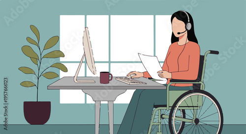 Woman in wheelchair working remotely with headset at desk, inclusive workplace