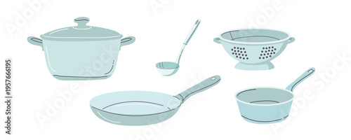 Steel blue kitchen cookware set illustration in flat minimalist style