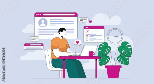 Man working remotely on laptop, managing tasks and online communication