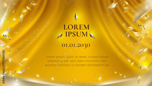 Luxury gold stage curtain background with falling golden confetti and glowing lights