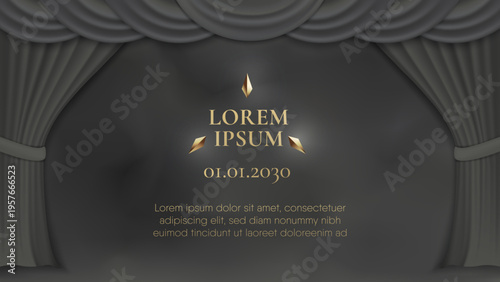 Realistic black theater drapery with gold ribbon celebration and copy space