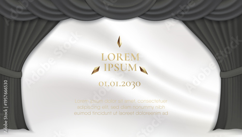 Realistic black theater drapery with gold ribbon celebration and copy space