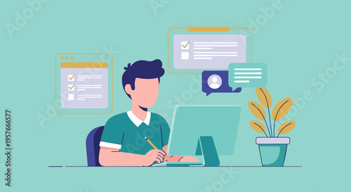 Creative professional working at desk with computer, managing tasks and communication