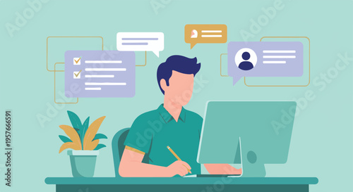 Person at computer with digital tasks and messages, business productivity