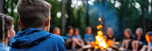 Children sitting around a burning campfire, enjoying a summer evening outdoors, experiencing friendship, community, and adventure during a memorable camping trip
