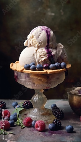 Ice cream scoops topped with blueberries in vintage bowl