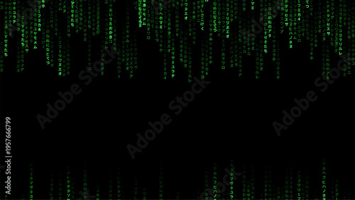 Matrix code background with floating japanese characters. Green digital data rain in abstract cyberspace. Cyber security and programming concept for science fiction interface design.