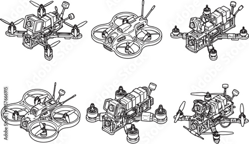 Set FPV Drone. Hand drawn vector illustration