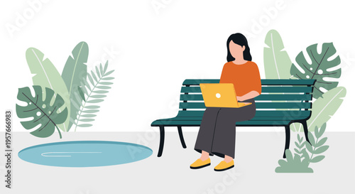 Woman working remotely in nature, sitting on park bench with laptop.