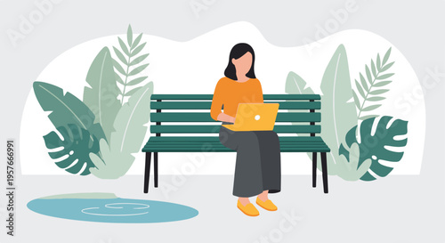 Woman working remotely on laptop while sitting on park bench amidst nature