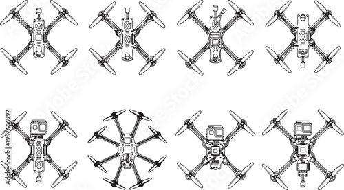 Set FPV Drone. Hand drawn vector illustration