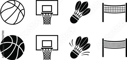 Black and white sports including basketball hoop net badminton shuttlecock sports basketball volleyball net