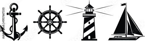 Black and white nautical of anchor ship wheel lighthouse and sailboat