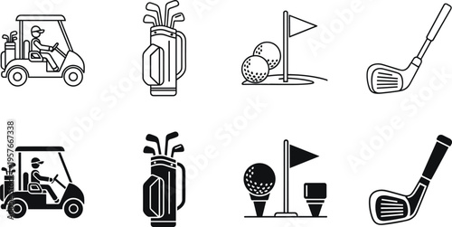 Black and white golf including cart clubs balls and flag golf cart golf clubs golf balls