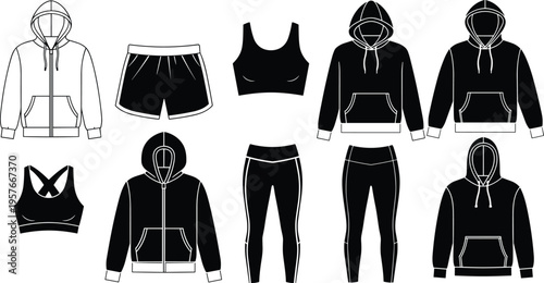 Black and white athletic clothing set with hoodies and leggings athletic wear sportswear