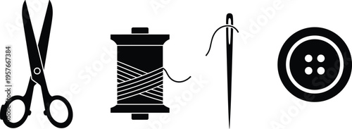 Black and white of sewing tools scissors spool thread needle