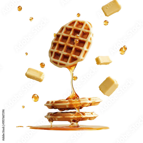 A stack of golden brown waffles with cascading amber maple syrup and falling cubes of fresh butter isolated on transparent background