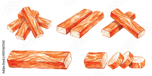 Watercolor set of surimi crab sticks whole and sliced for sushi and seafood salad isolated on transparent background
