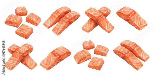Watercolor set of raw salmon fillets and pieces for sushi and seafood cooking isolated on transparent background