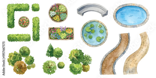 Watercolor set of top down landscape architecture garden elements including trees, bushes, hedges, stone paths, flower planters, and ponds isolated on transparent background