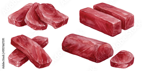 Watercolor set of raw ahi tuna fillets and pieces used in sushi sashimi and seafood cooking isolated on transparent background