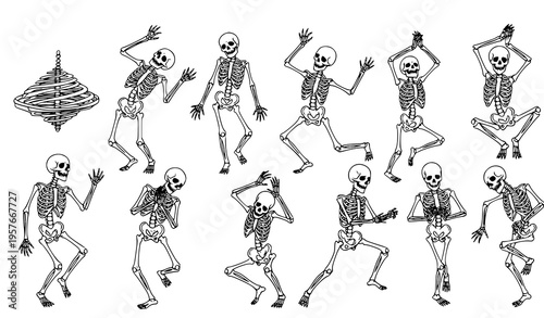 Hand drawn dancing skeletons sketch style funny skull art vector illustration collection