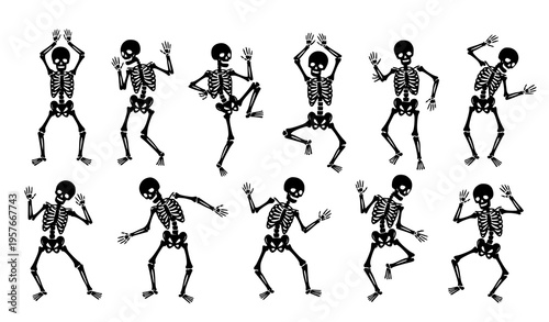 Funny dancing skeleton set with playful poses cartoon skull silhouette vector illustration