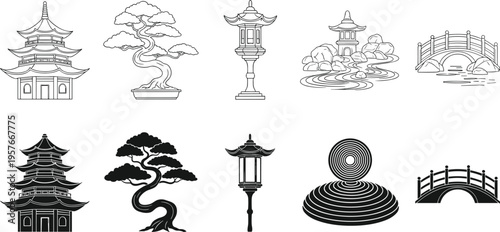 Black and white japanese garden pagoda bonsai tree lantern bridge