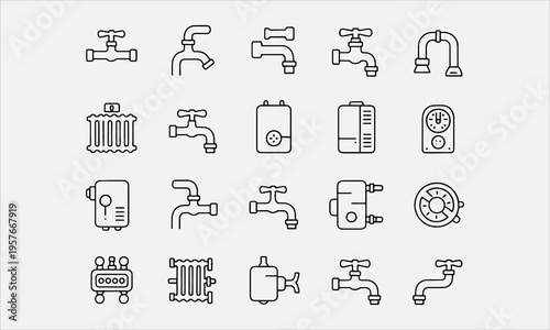 Heating & Plumbing line editable icon set. Containing pipe, plumber, faucet, radiator, boiler, service, boiler, valve, and more.Vector illustration