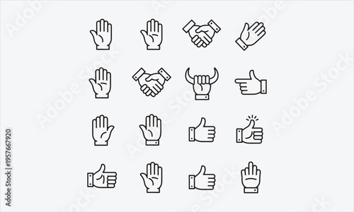 Hands icon set. Containing hand, gesture, handshake, clapping hands, horns, thumb up, finger, and more. Vector illustration