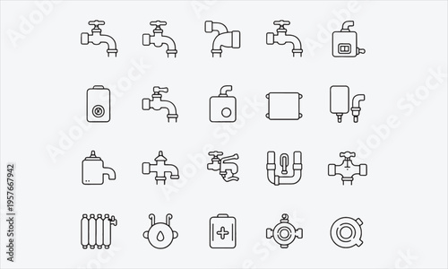 Heating & Plumbing line editable icon set. Containing pipe, plumber, faucet, radiator, boiler, service, boiler, valve, and more.Vector illustration