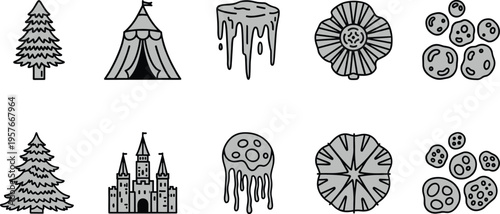 Black and white of Christmas tree tent melting ice cream flower rocks castle