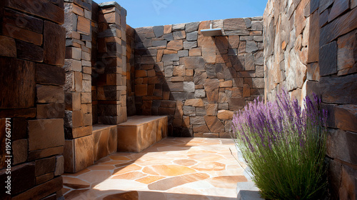 Modern outdoor stone shower with natural wall texture and lavender plants minimal spa architecture design concept