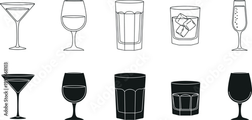 Black and white line of various drinking glasses martini glass wine glass highball glass