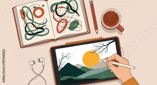 Creative workspace with digital art tablet, sketchbook, coffee, and headphones