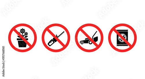 Forbidden Gardening Tools and Plants Red Circle Icon Set Isolated on White Background Vector Illustration