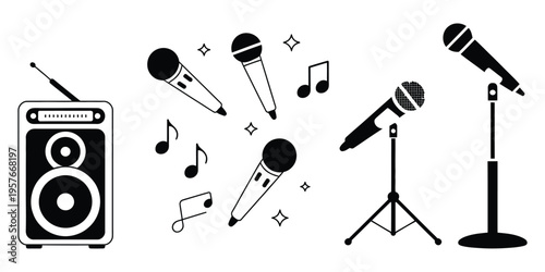 Musical equipment collection featuring speakers, microphones, and musical notes, versatile vector set for concerts