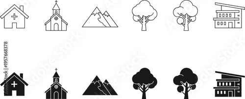 Black and white of houses, church, mountains, and trees building