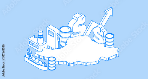 Iran oil industry map with isometric energy infrastructure icons illustrating petroleum production, tanker transport, refinery activity and global energy economyWeb