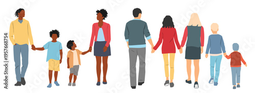 Familys of man, boys, girl and woman, front and back view, profile, different colors, cartoon character, silhouettes of holding hands people, flat icon design concept isolated on white background