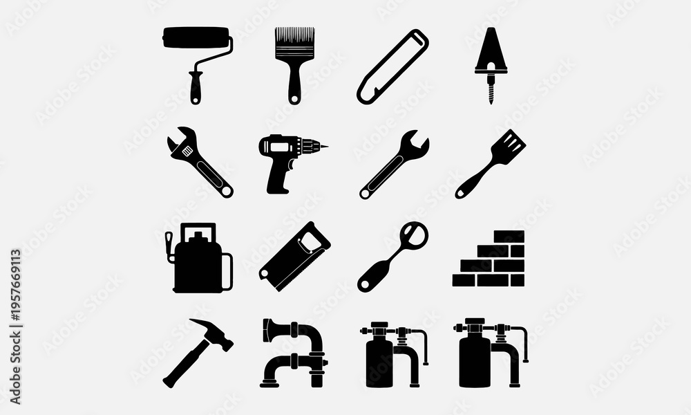 Fototapeta premium Solid Black Vector Icon paint roller vector, repair key, building trowel, small tools, adjustable wrench, drill, hand saw, spatula, paving slab,